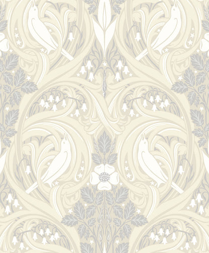 Seabrook Legacy Prints Bird Scroll Wallpaper - Swiss Coffee & Grey