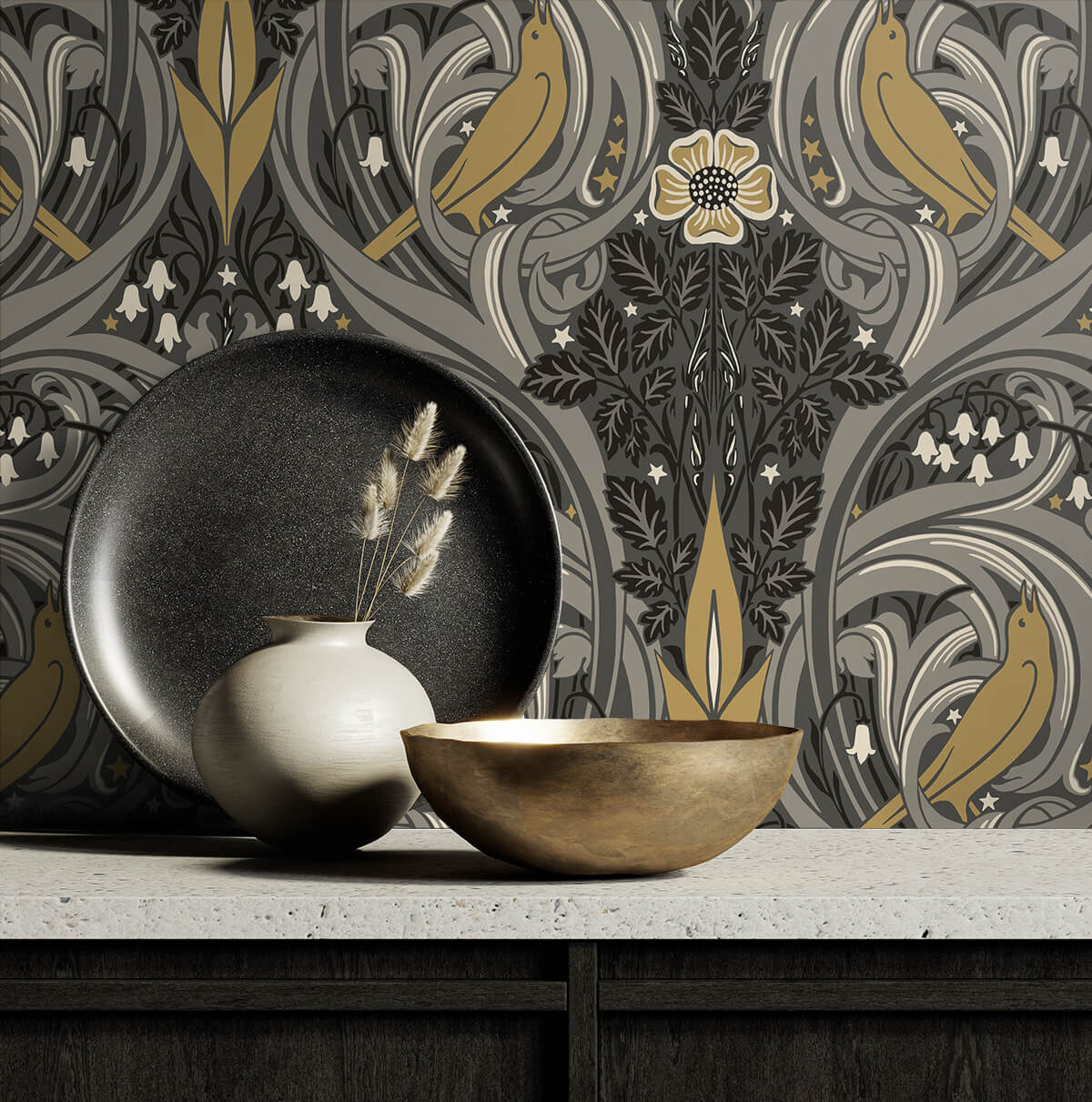 Seabrook Legacy Prints Bird Scroll Wallpaper - Charcoal & Goldenrod