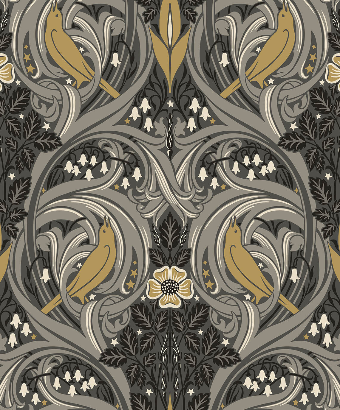 Seabrook Legacy Prints Bird Scroll Wallpaper - Charcoal & Goldenrod