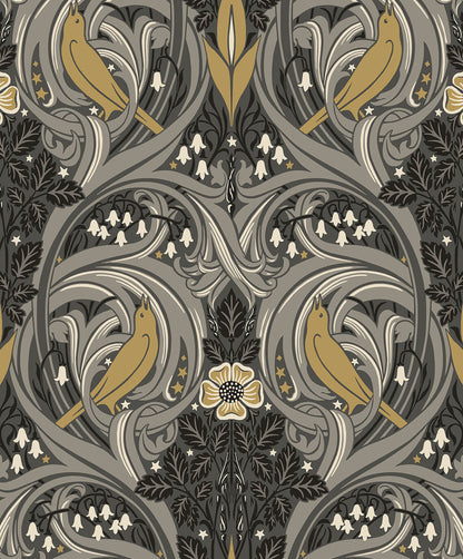 Seabrook Legacy Prints Bird Scroll Wallpaper - Charcoal & Goldenrod