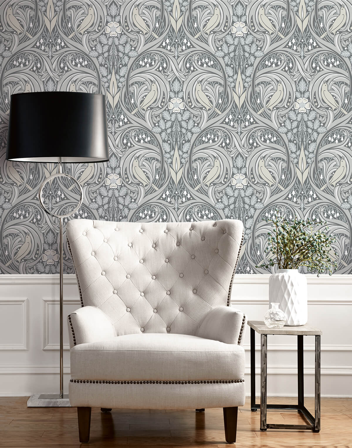 Seabrook Legacy Prints Bird Scroll Wallpaper - Argos Grey & Linen