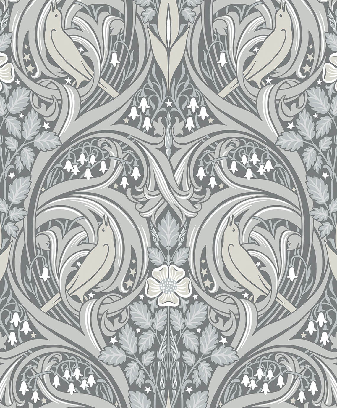Seabrook Legacy Prints Bird Scroll Wallpaper - Argos Grey & Linen