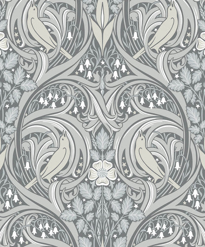 Seabrook Legacy Prints Bird Scroll Wallpaper - Argos Grey & Linen