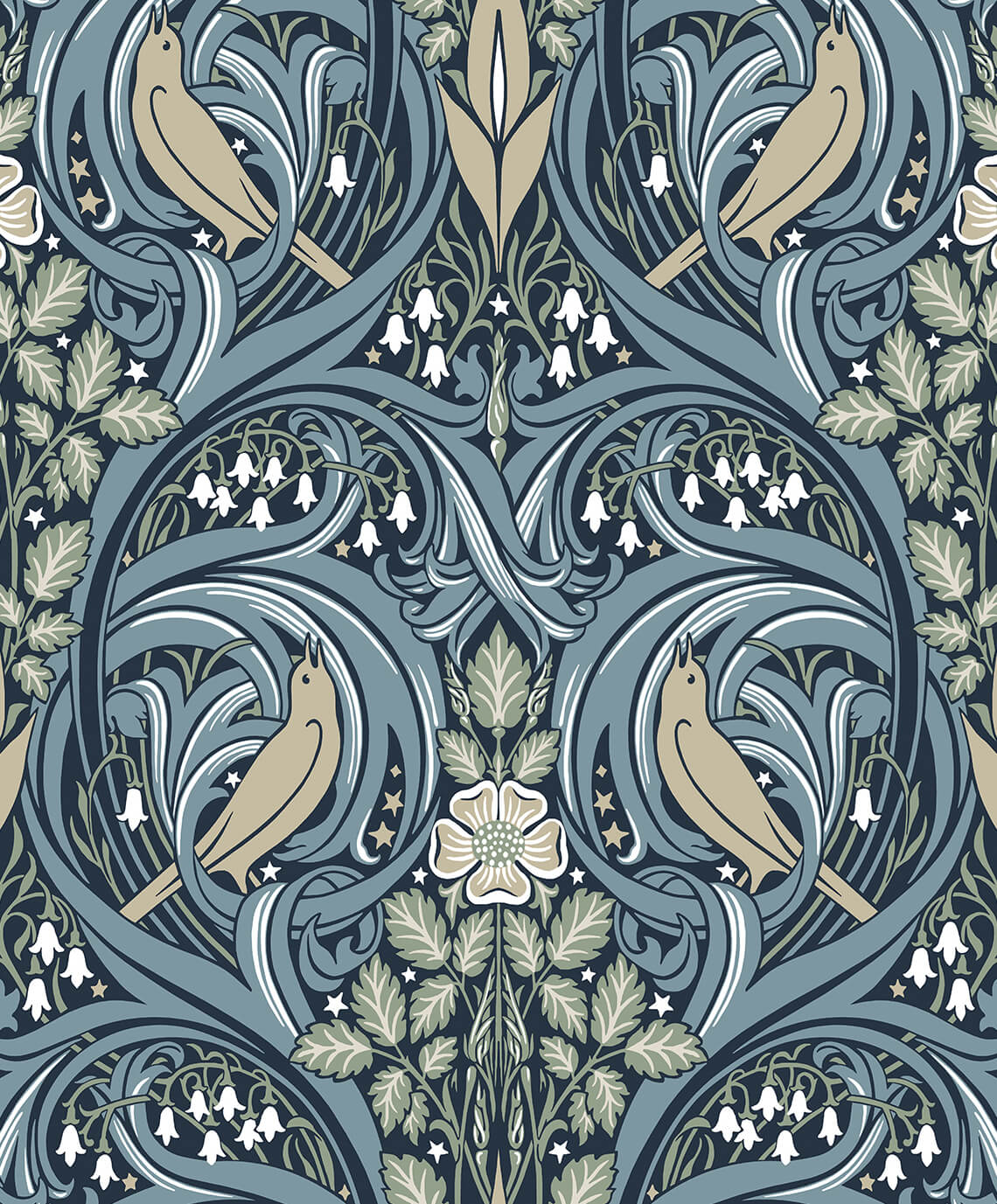 Seabrook Legacy Prints Bird Scroll Wallpaper - Navy & Beige