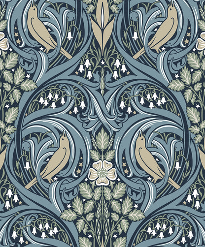 Seabrook Legacy Prints Bird Scroll Wallpaper - Navy & Beige