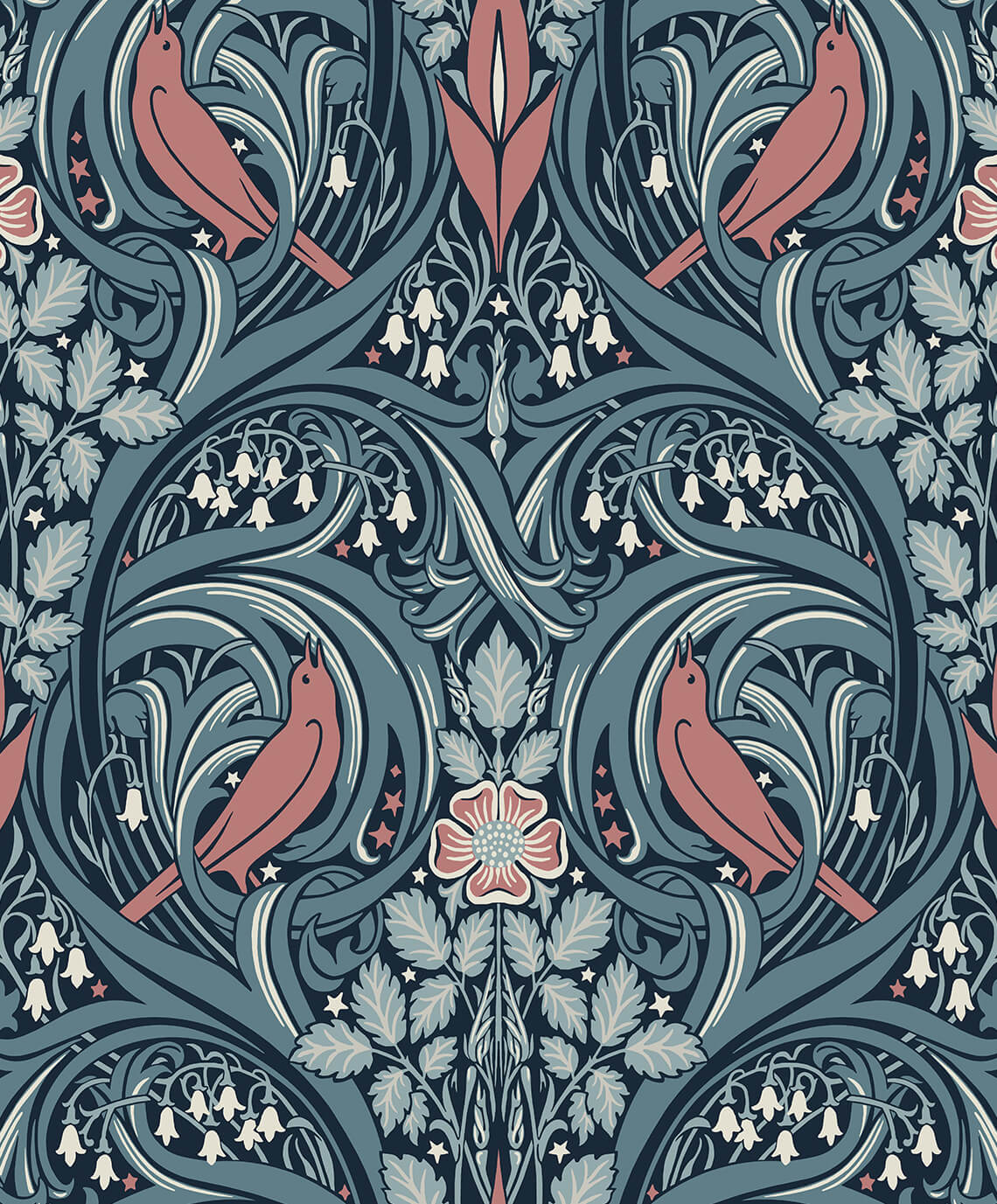 Seabrook Legacy Prints Bird Scroll Wallpaper - Aegean Teal & Coral