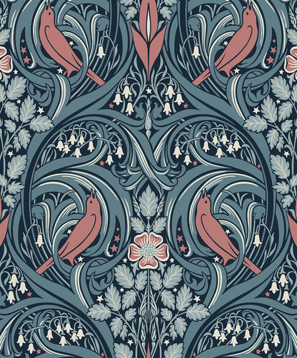 Seabrook Legacy Prints Bird Scroll Wallpaper - Aegean Teal & Coral
