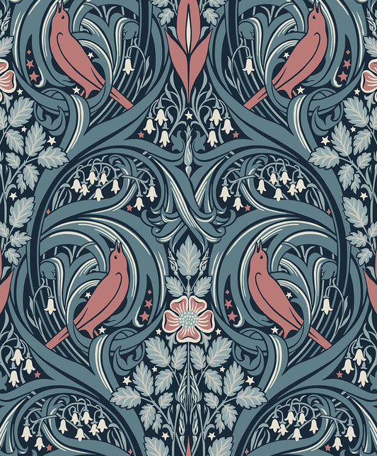 Seabrook Legacy Prints Bird Scroll Wallpaper - Aegean Teal & Coral