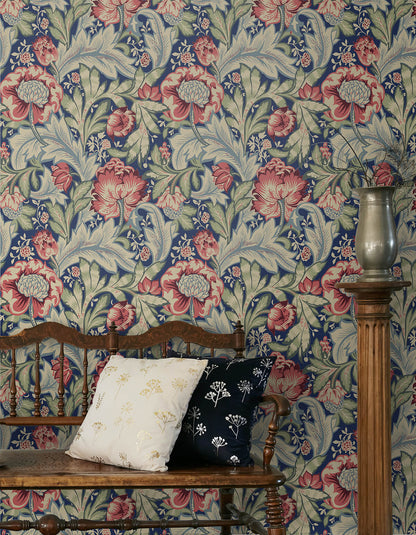 Seabrook Legacy Prints Acanthus Garden Wallpaper - Marine Blue & Watermelon