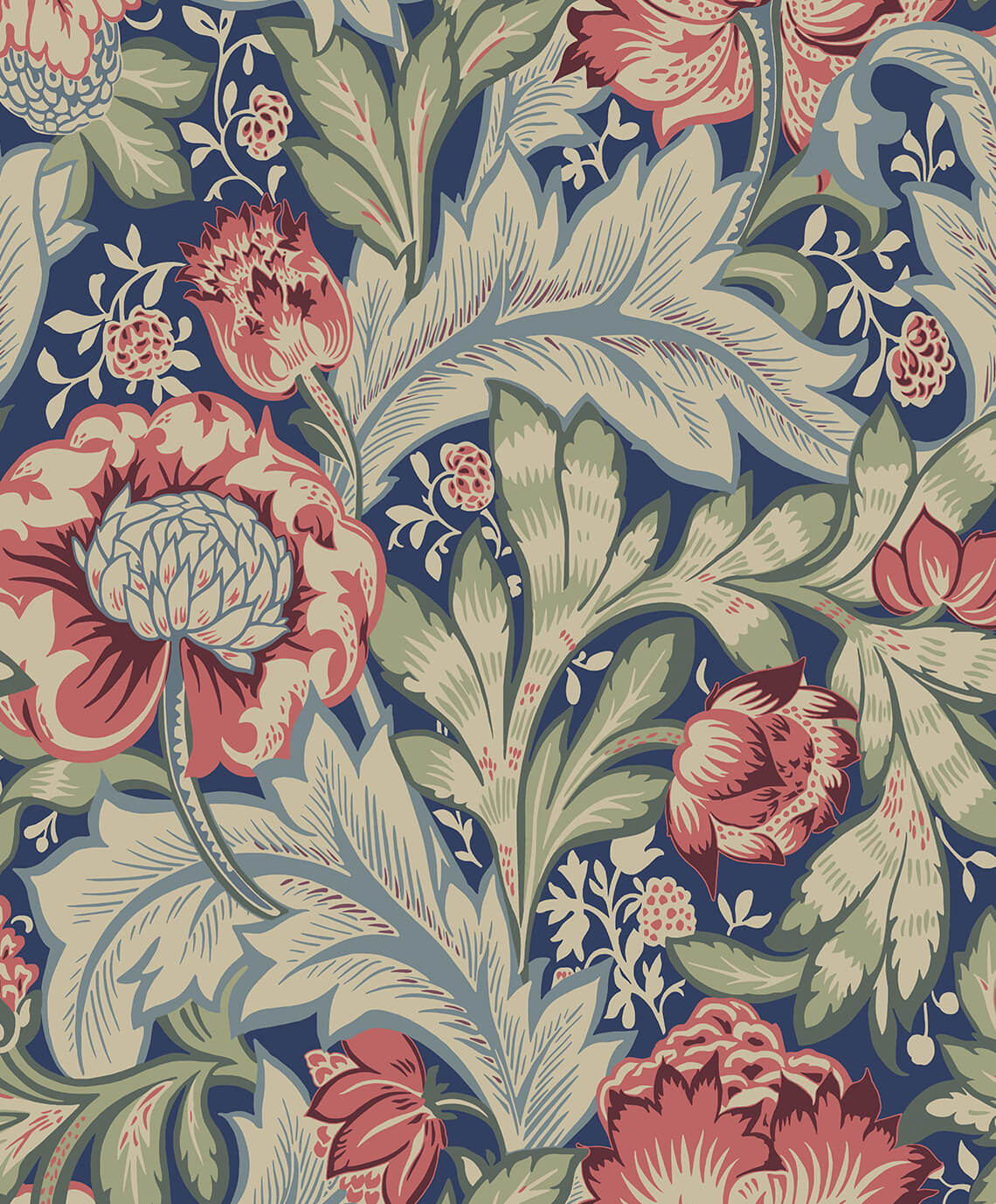 Seabrook Legacy Prints Acanthus Garden Wallpaper - Marine Blue & Watermelon