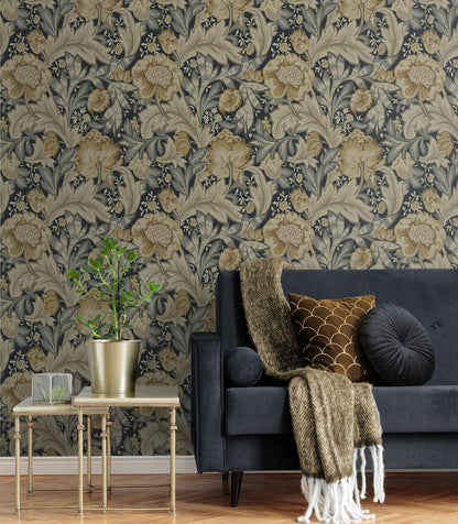 Seabrook Legacy Prints Acanthus Garden Wallpaper - Midnight Blue & Beige