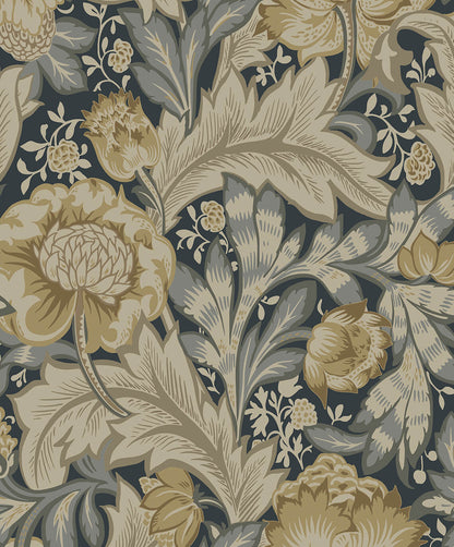 Seabrook Legacy Prints Acanthus Garden Wallpaper - Midnight Blue & Beige