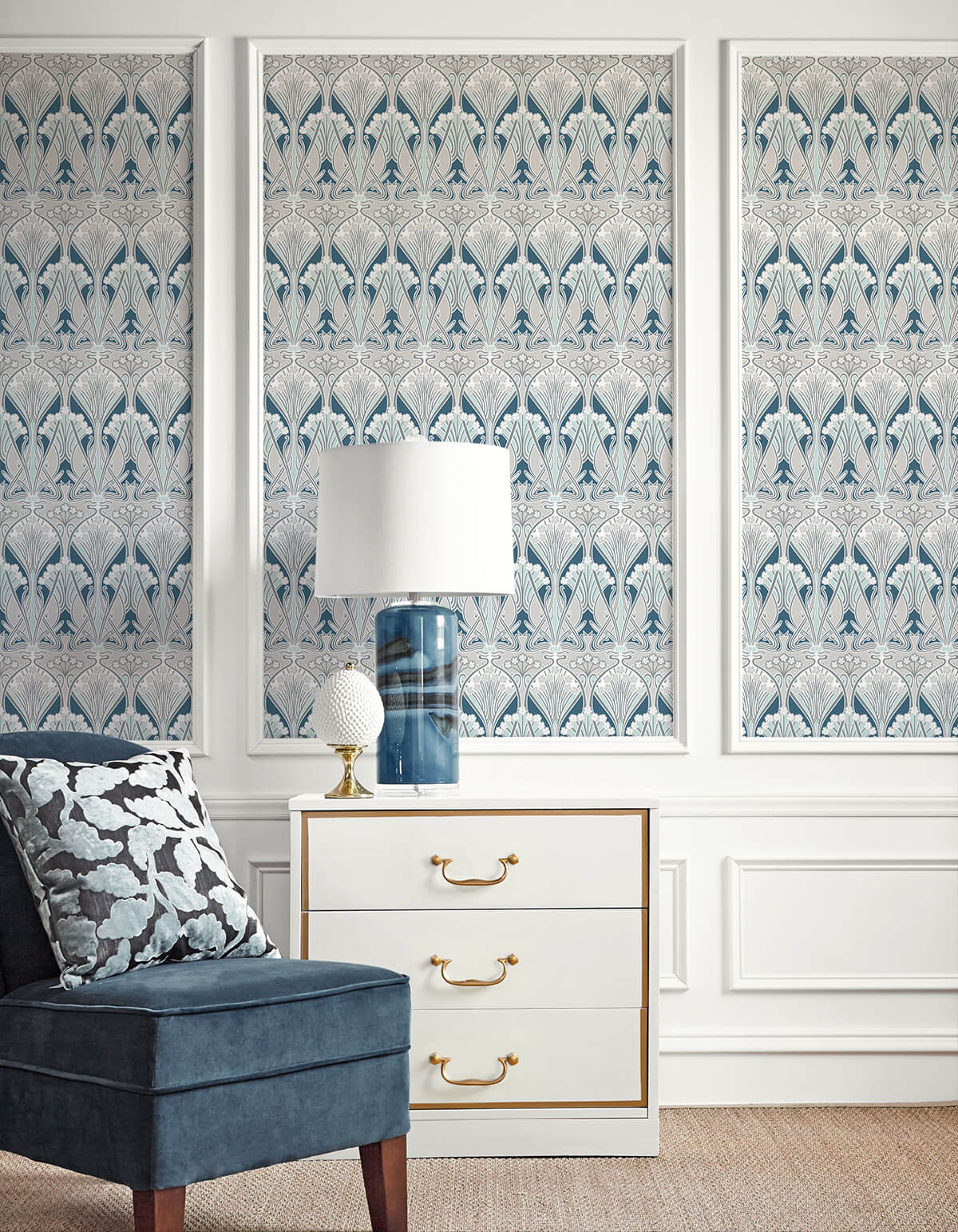 Seabrook Legacy Prints Dragonfly Damask Wallpaper - Aegean Blue & Dewdrop
