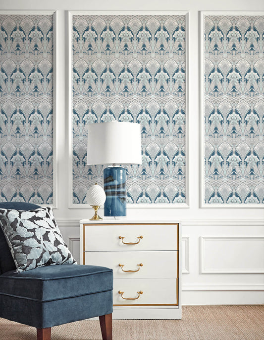 Seabrook Legacy Prints Dragonfly Damask Wallpaper - Aegean Blue & Dewdrop