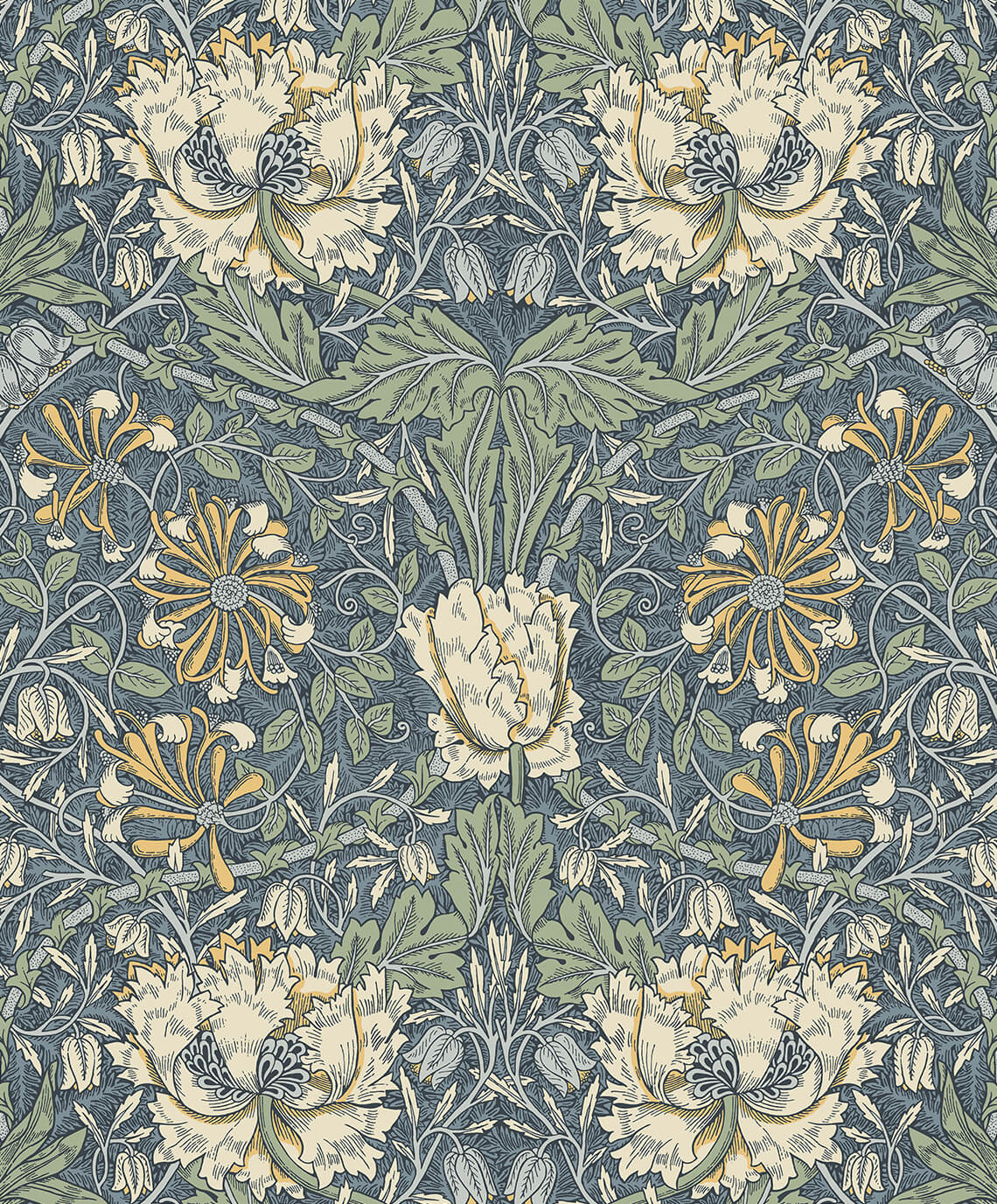 Seabrook Legacy Prints Ogee Flora Wallpaper - Blue Lake & French Vanilla