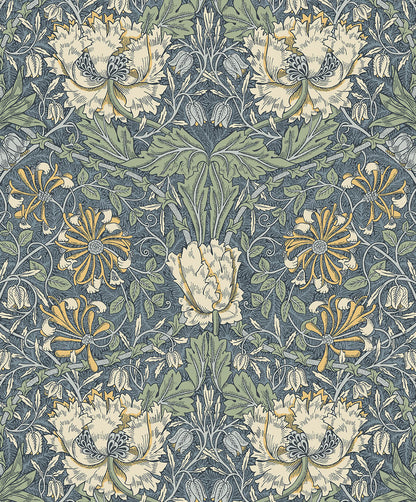 Seabrook Legacy Prints Ogee Flora Wallpaper - Blue Lake & French Vanilla