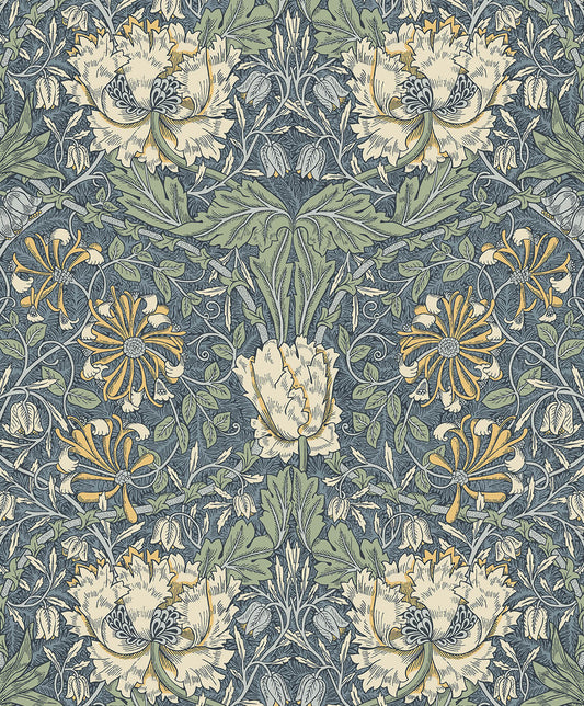 Seabrook Legacy Prints Ogee Flora Wallpaper - Blue Lake & French Vanilla