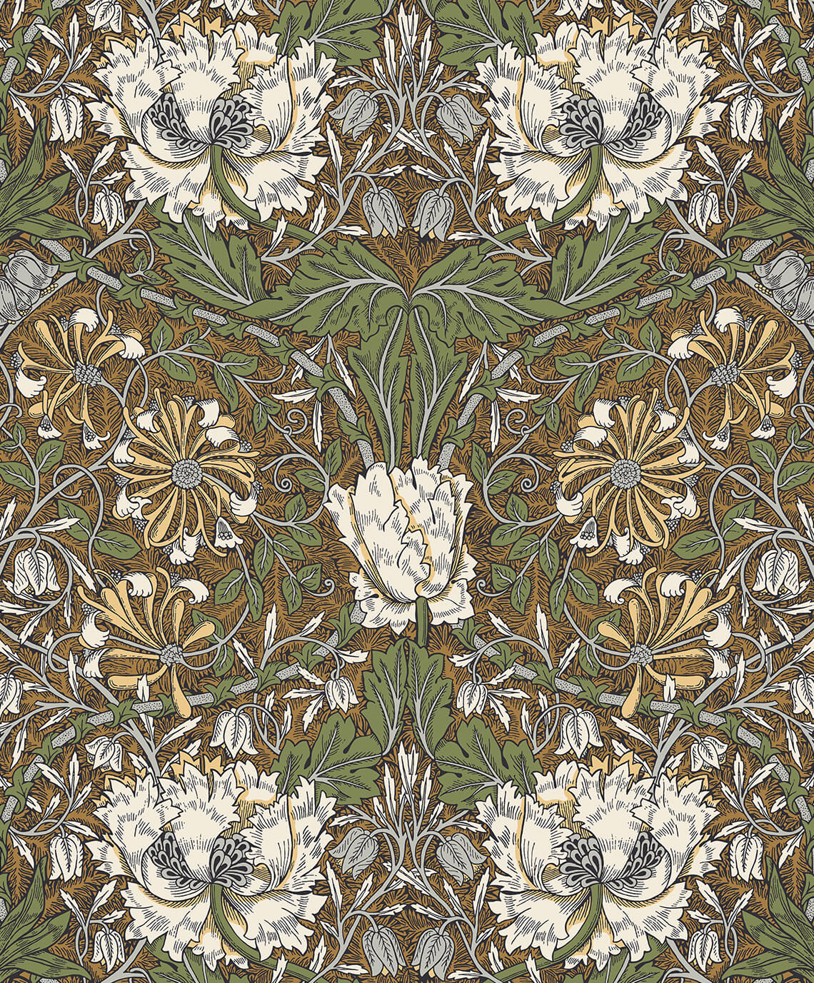 Seabrook Legacy Prints Ogee Flora Wallpaper - Dijon & Sage
