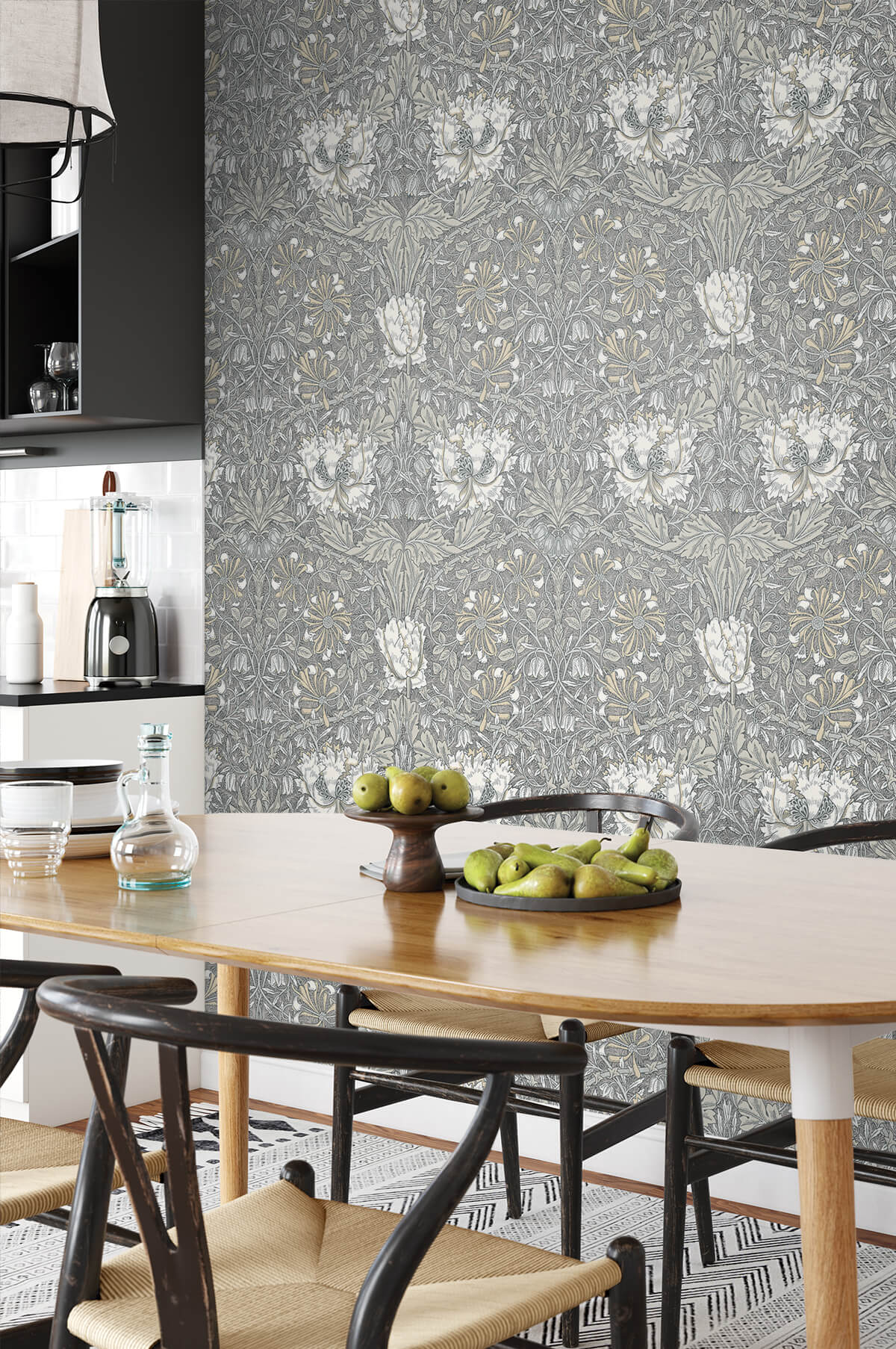 Seabrook Legacy Prints Ogee Flora Wallpaper - Stone Grey & Desert Sand
