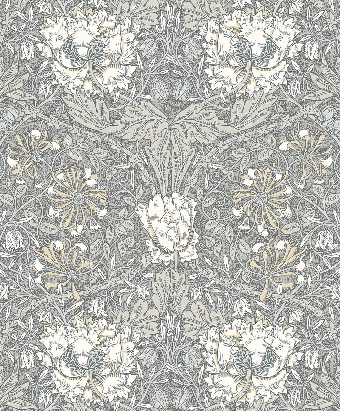 Seabrook Legacy Prints Ogee Flora Wallpaper - Stone Grey & Desert Sand