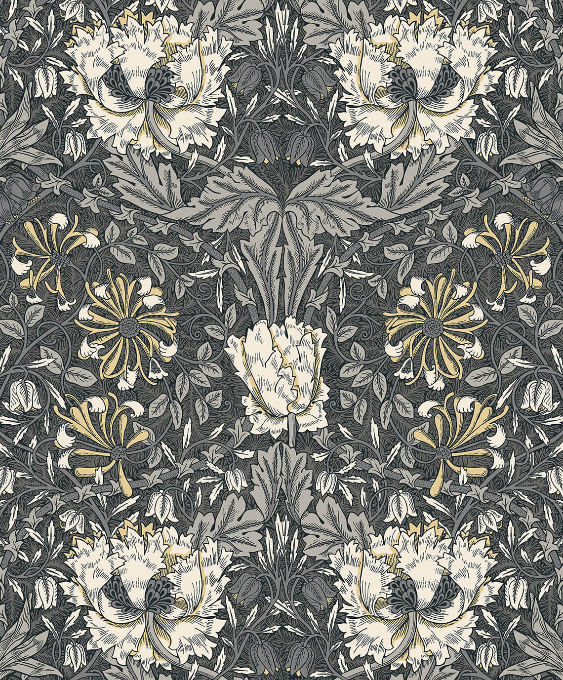 Seabrook Legacy Prints Ogee Flora Wallpaper - Charcoal & Goldenrod