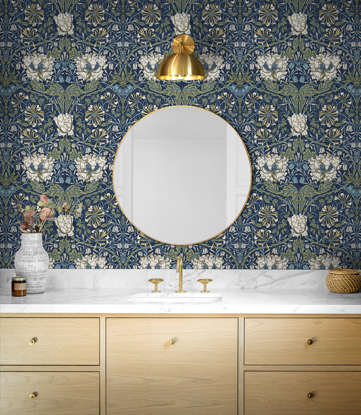 Seabrook Legacy Prints Ogee Flora Wallpaper - Indigo Dye & Thyme