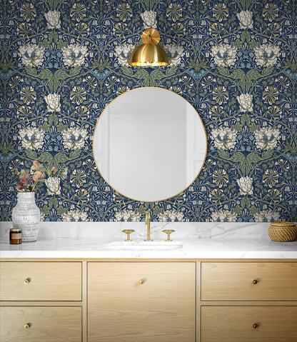 Seabrook Legacy Prints Ogee Flora Wallpaper - Indigo Dye & Thyme