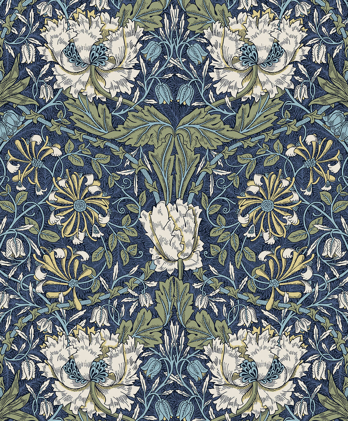 Seabrook Legacy Prints Ogee Flora Wallpaper - Indigo Dye & Thyme