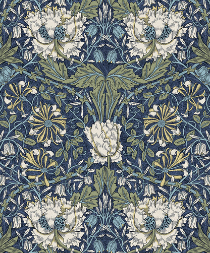 Seabrook Legacy Prints Ogee Flora Wallpaper - Indigo Dye & Thyme