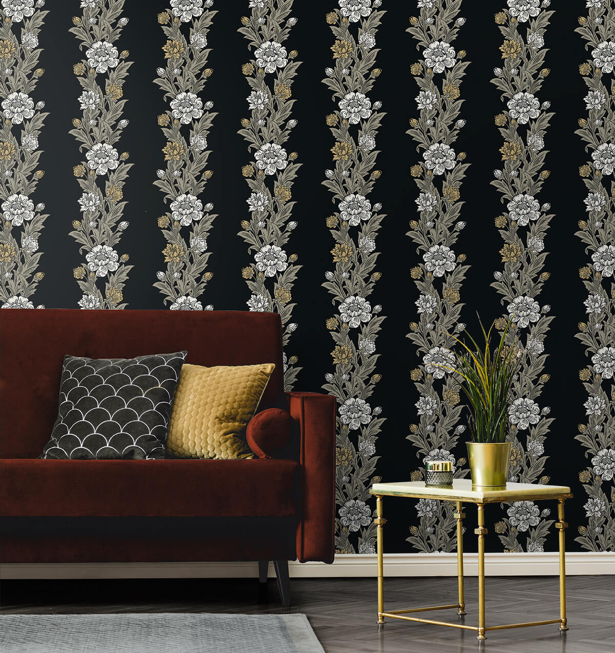 Seabrook Legacy Prints Blooming Stripe Wallpaper - Ebony & Goldenrod
