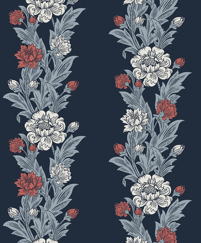 Seabrook Legacy Prints Blooming Stripe Wallpaper - Deep Navy & Berry