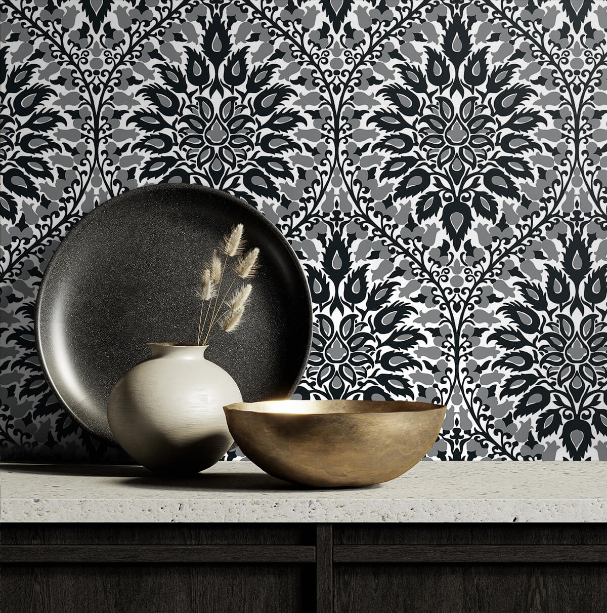 Seabrook Legacy Prints Luna Ogee Wallpaper - Ebony & Argos Grey