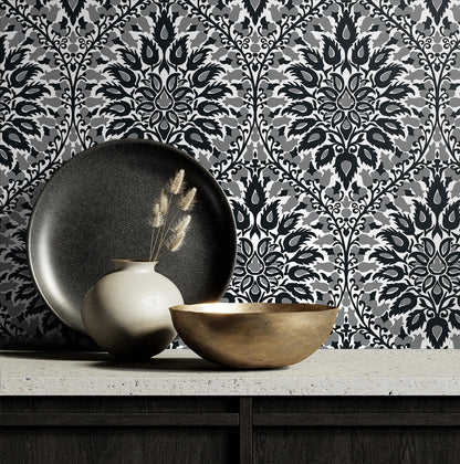 Seabrook Legacy Prints Luna Ogee Wallpaper - Ebony & Argos Grey