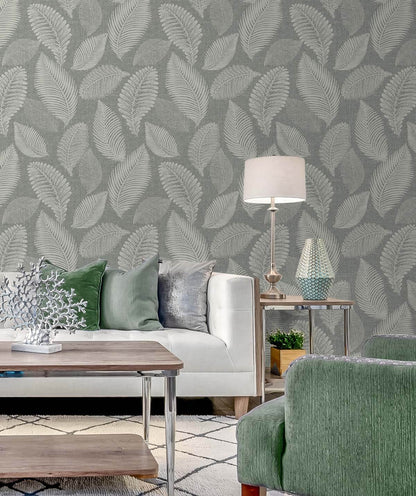 Seabrook White Heron Tossed Leaves Wallpaper - Charcoal Linen