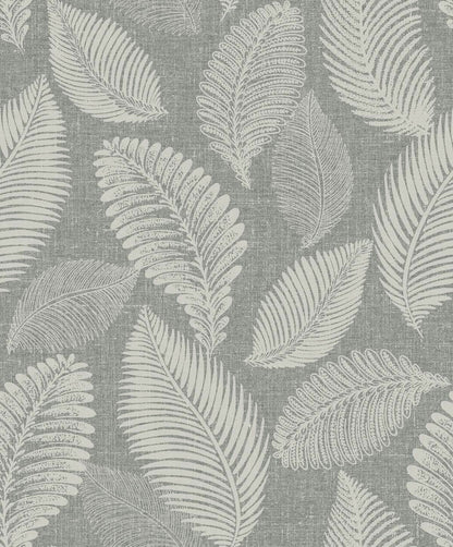 Seabrook White Heron Tossed Leaves Wallpaper - Charcoal Linen
