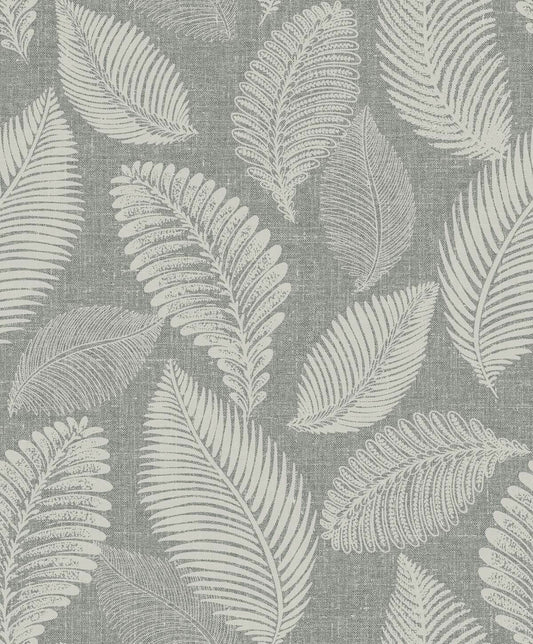 Seabrook White Heron Tossed Leaves Wallpaper - Charcoal Linen