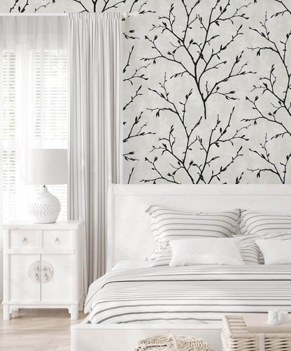 Seabrook White Heron Avena Branches Wallpaper - Contrast
