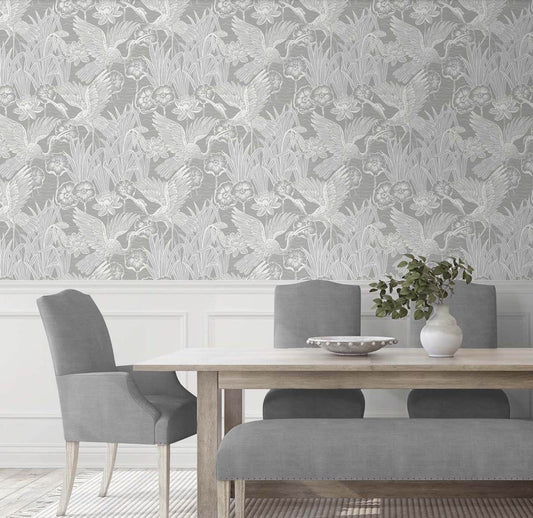 Seabrook White Heron Marsh Cranes Wallpaper - Anew Grey