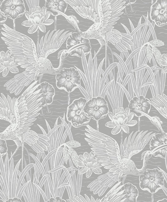 Seabrook White Heron Marsh Cranes Wallpaper - Anew Grey
