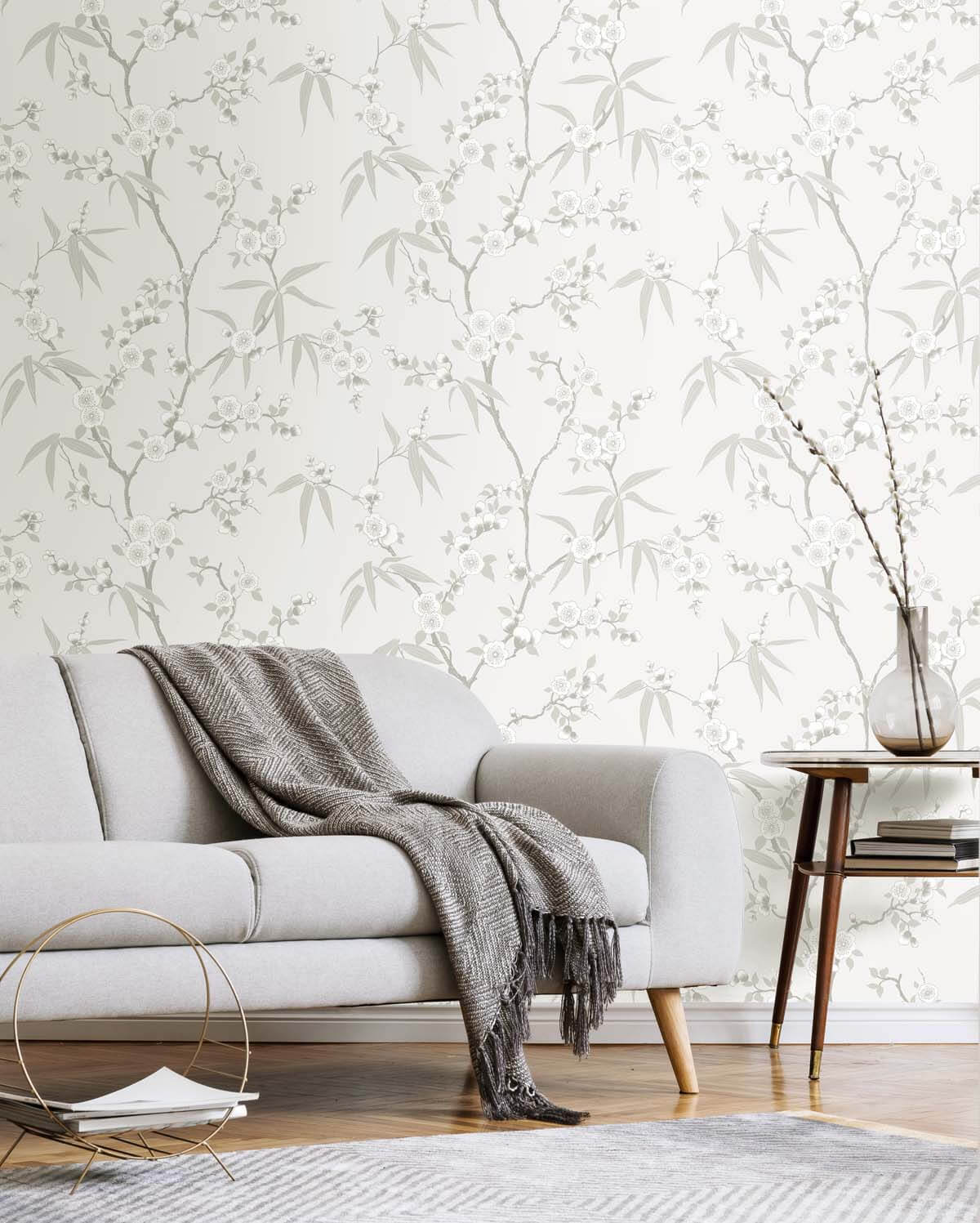 Seabrook White Heron Floral Blossom Trail Wallpaper - Soft Grey