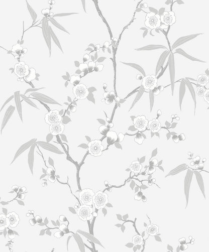 Seabrook White Heron Floral Blossom Trail Wallpaper - Soft Grey