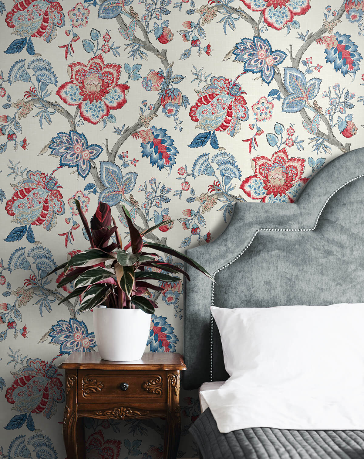 Seabrook French Country Bernadette Jacobean Wallpaper - French Blue & Antique Ruby