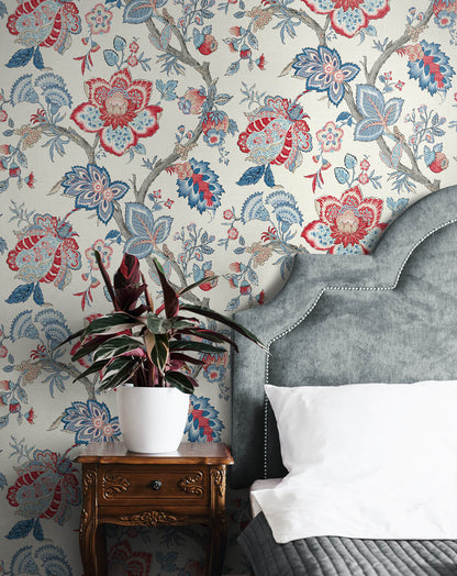 Seabrook French Country Bernadette Jacobean Wallpaper - French Blue & Antique Ruby