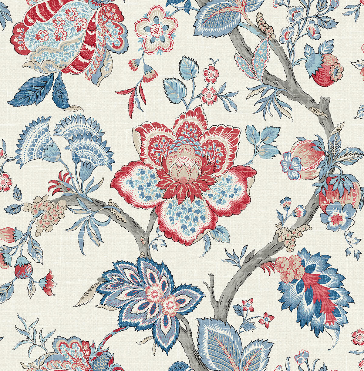 Seabrook French Country Bernadette Jacobean Wallpaper - French Blue & Antique Ruby