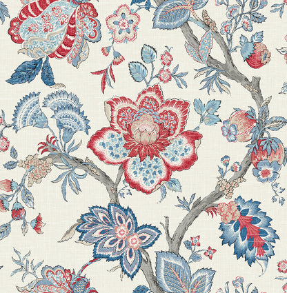 Seabrook French Country Bernadette Jacobean Wallpaper - French Blue & Antique Ruby