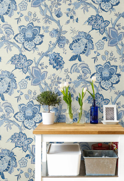 Seabrook French Country Bernadette Jacobean Wallpaper - French Blue