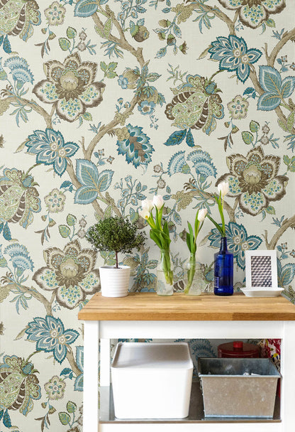 Seabrook French Country Bernadette Jacobean Wallpaper - Hickory Smoke & Blue Bell