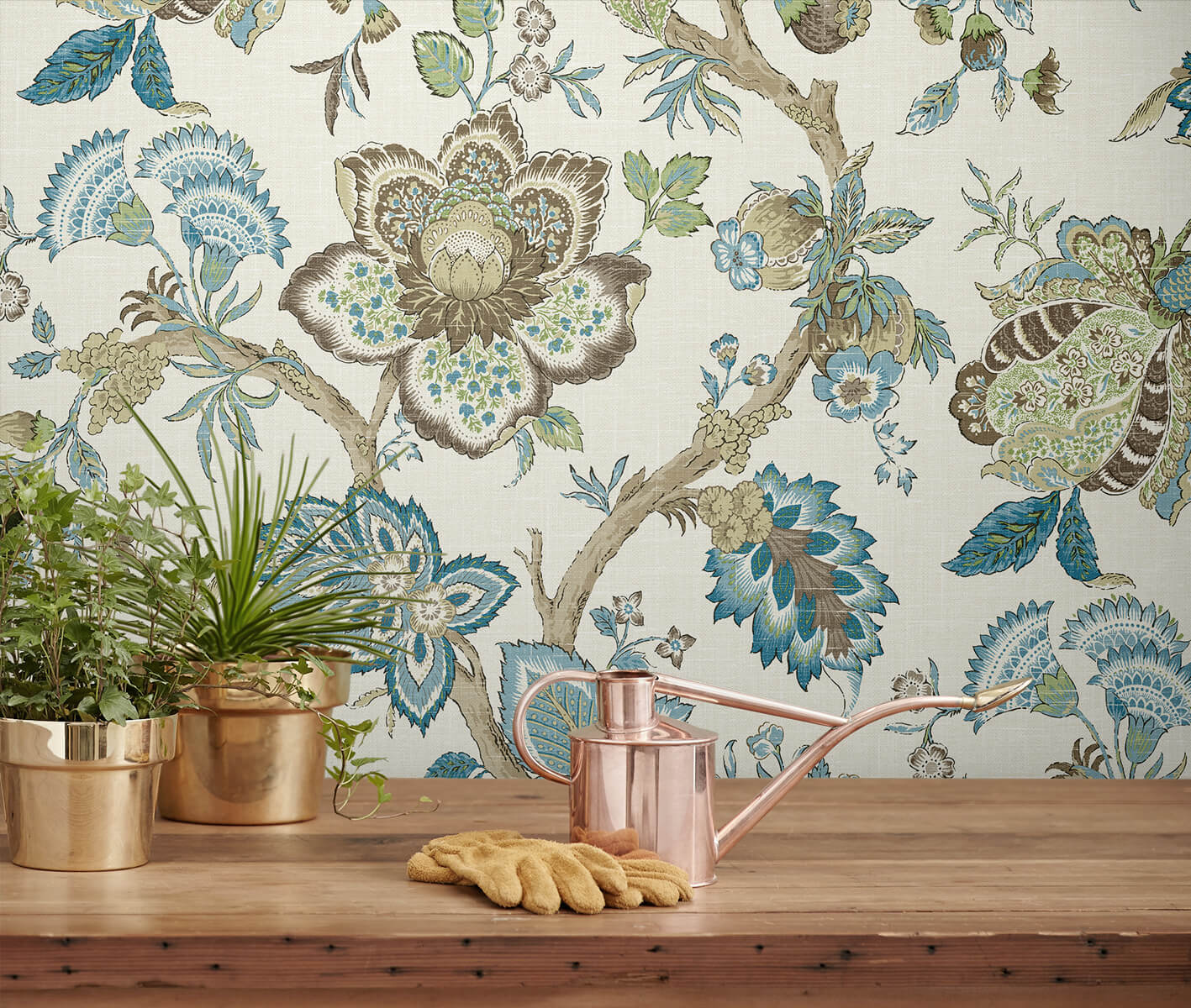 Seabrook French Country Bernadette Jacobean Wallpaper - Hickory Smoke & Blue Bell