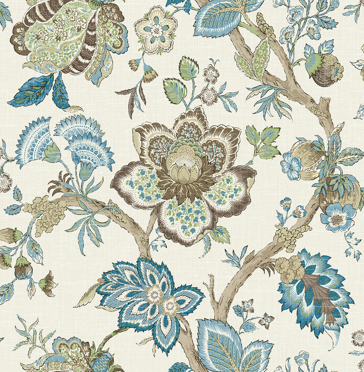 Seabrook French Country Bernadette Jacobean Wallpaper - Hickory Smoke & Blue Bell