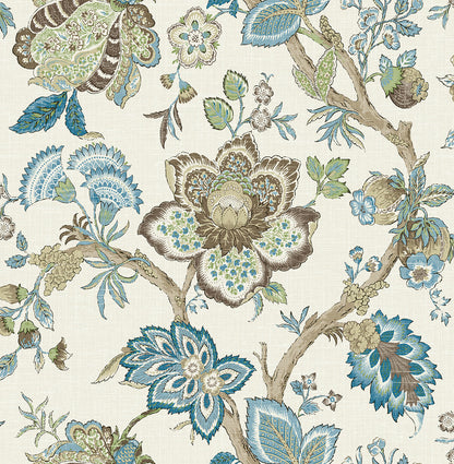 Seabrook French Country Bernadette Jacobean Wallpaper - Hickory Smoke & Blue Bell